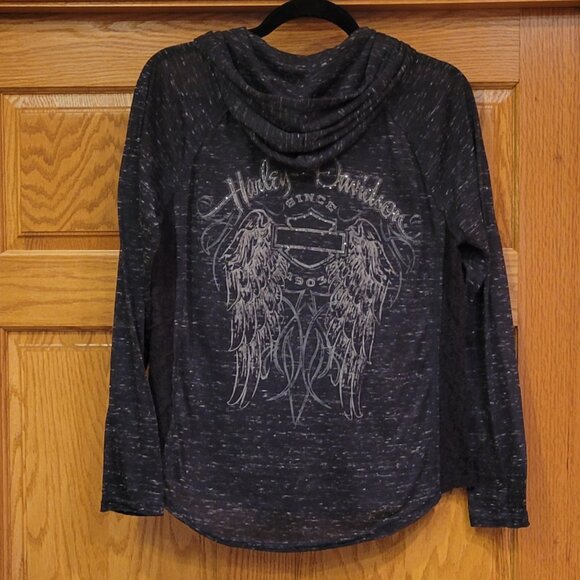 Harley-Davidson Black Burnout Henley Style Hoodie with Lace Inset on Sides  NEW - Picture 5 of 16